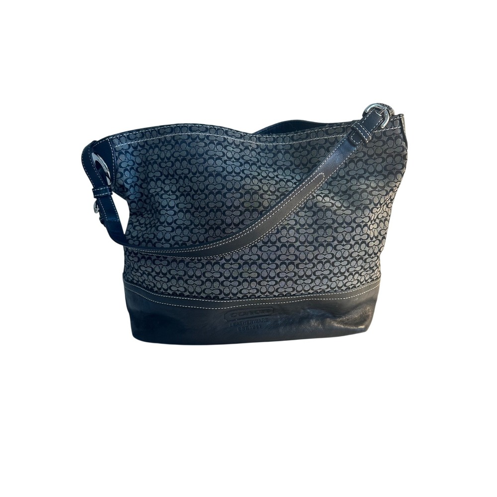 Coach F11666 Signature Jacquard Hobo Shoulder Bag Black Grey Leather Trim - Picture 1 of 16